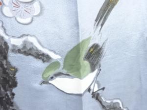 アンティーク　絞り雪持ち梅に鶯模様単衣男物長襦袢